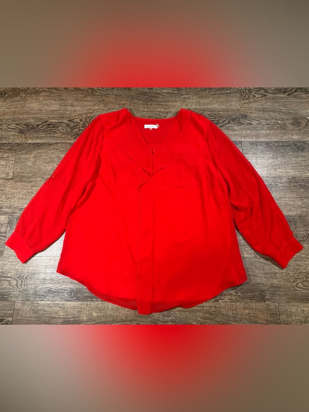 Calvin Klein Sheer Lined V-Neck Blouse Roll Tab Sleeves Size 1X